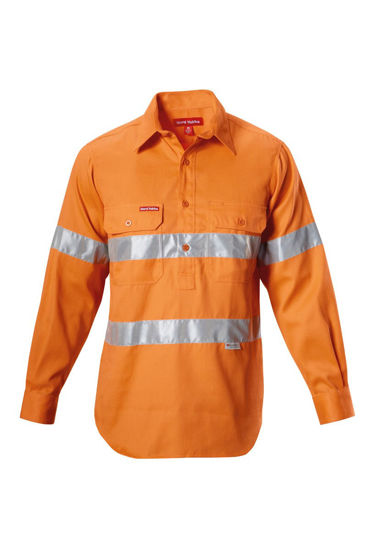 Picture of Hard Yakka Foundations Hi-Visibility Closed Front Cotton Drill Long Sleeve Shirt With Tape Y07899